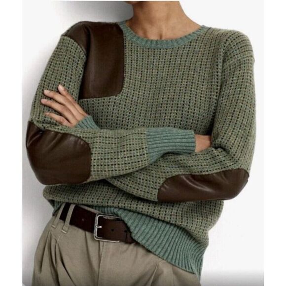 Ralph Lauren Wool Blend Faux Leather Trim CREWNECK Sweater Green Women’s PS - Picture 1 of 16